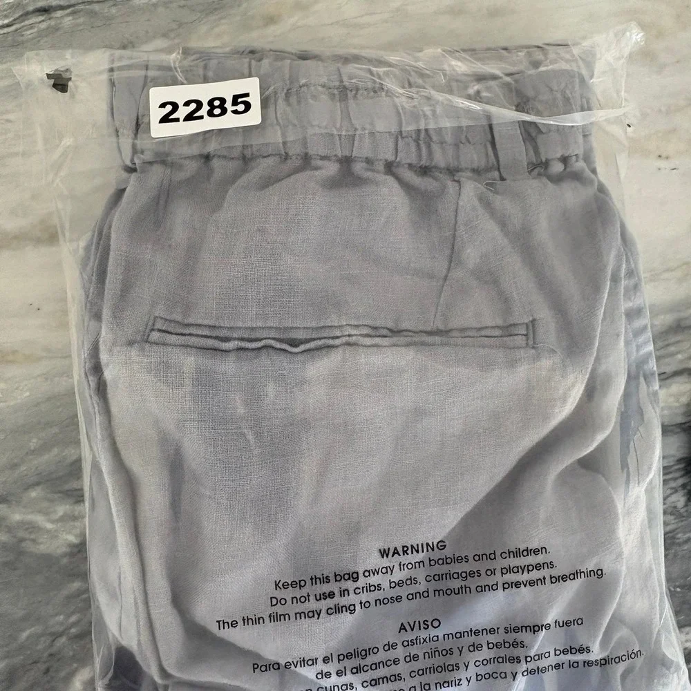 Zara Man 100% Linen Light Blue Drawstring Trousers Pants Size Medium 31